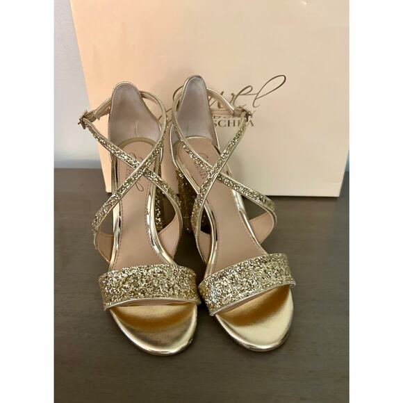 BEAUTIFUL Jewel Badgley Mischka Metallic Gold Glitter Evening Block Heel Sz 6.5 - Picture 2 of 8